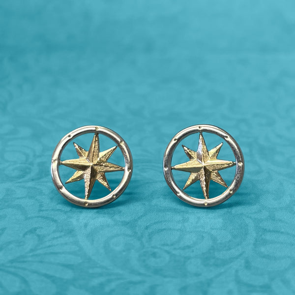 Sterling Silver and Yellow Gold Round Compass Stud Earrings