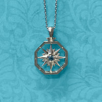 Sterling Silver Aqua Octagon Compass Rose Pendant