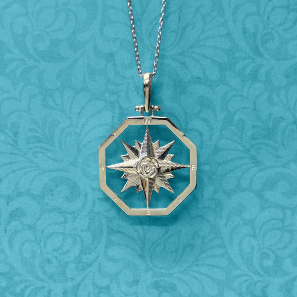 Sterling Silver Large Octagon Compass Rose Pendant