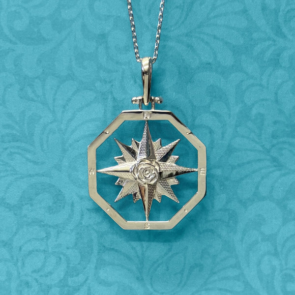 Sterling Silver Large Octagon Compass Rose Pendant