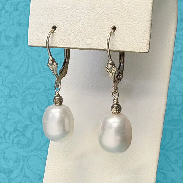 Sterling Silver 9-9.5mm Freshwater Cultured Pearl Dangle Earrings