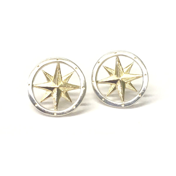 Sterling Silver and Yellow Gold Round Compass Stud Earrings