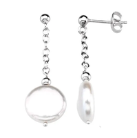 Sterling Silver White Coin Freshwater Cultured Pearl Drop Earrings