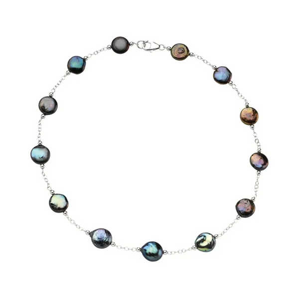 Sterling Silver Black Coin Freshwater Cultured Pearl Necklace