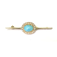 Preowned Yellow Gold Turquoise and Seed Pearl Bar Pin