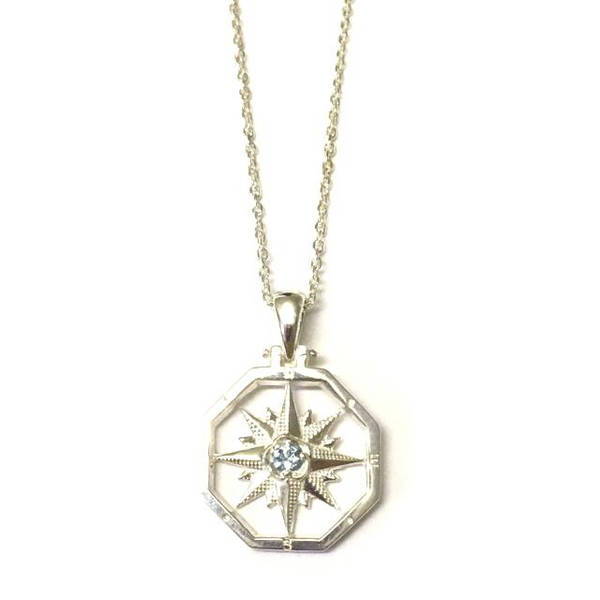 Sterling Silver Aqua Octagon Compass Rose Pendant