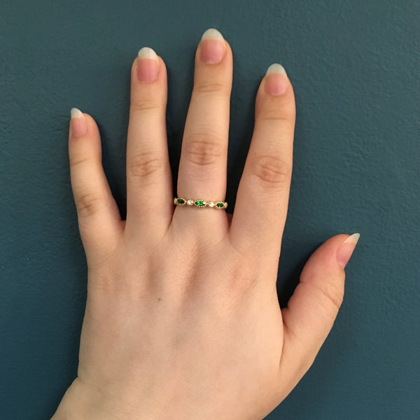 Yellow Gold Diamond and Pink Tourmaline Marquise Stack Ring