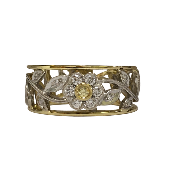 White and Yellow Gold Floral Band with White and Yellow Diamonds