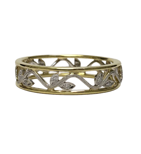 White and Yellow Gold and Diamond Vine and Leaf Cutout Band